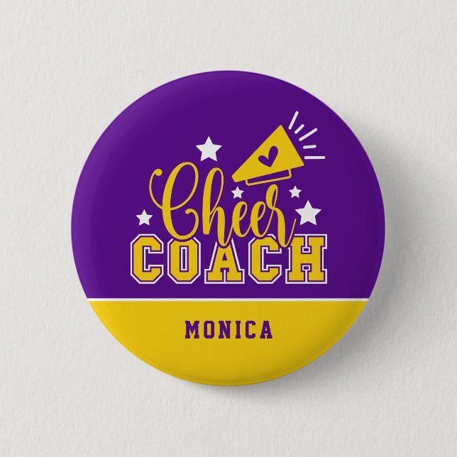 Cute Cheer Coach Personalized Purple & Yellow Button (Front)