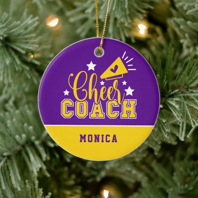 Cute Cheer Coach Personalized Purple & Yellow Ceramic Ornament (Tree)