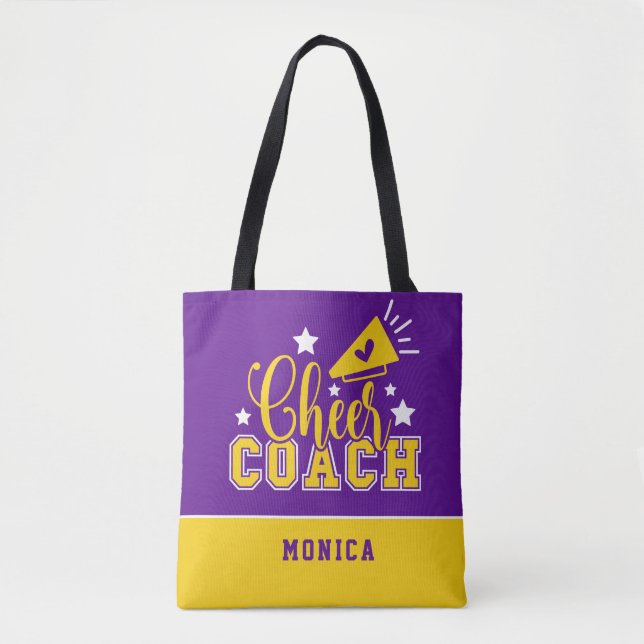 Cute Cheer Coach Personalized Purple & Yellow Tote Bag (Front)