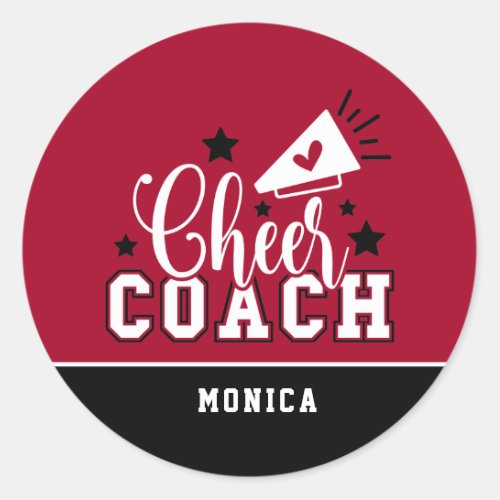 Cute Cheer Coach Personalized Red and Black Classic Round Sticker