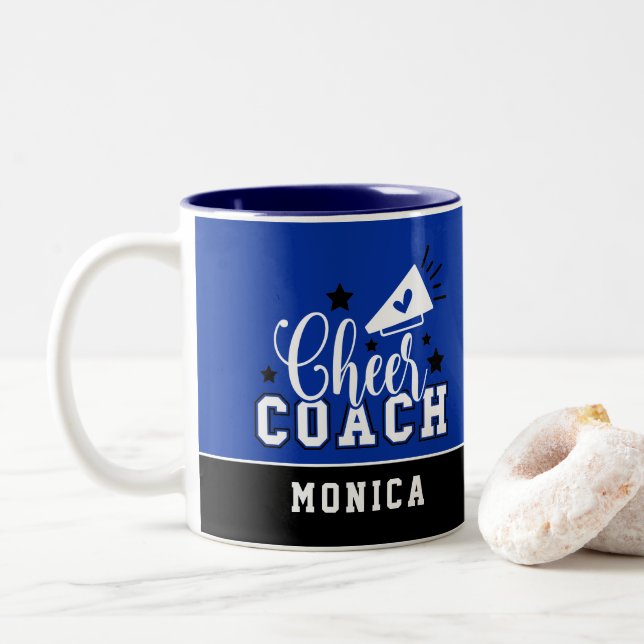Cute Cheer Coach Personalized Royal Blue & Black Two-Tone Coffee Mug (With Donut)