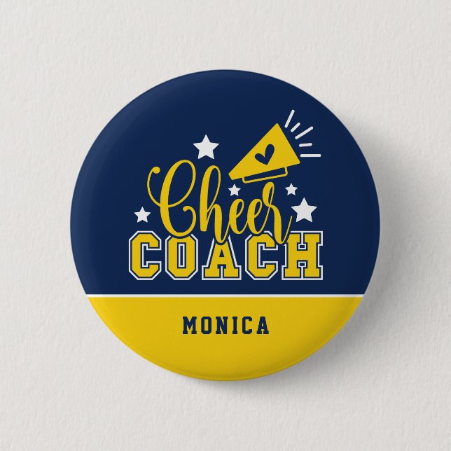 Cute Cheer Coach Personalized Royal Blue & Yellow Button (Front)