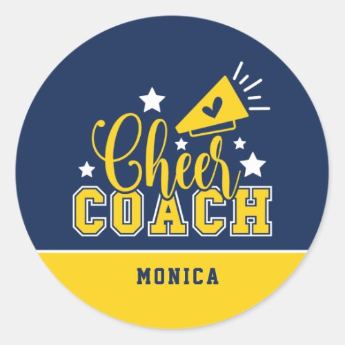 Cute Cheer Coach Personalized Royal Blue  Yellow Classic Round Sticker