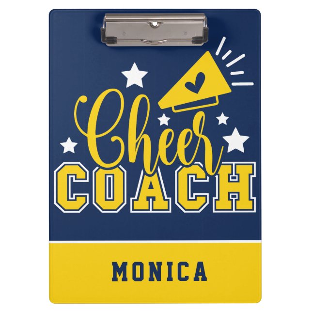 Cute Cheer Coach Personalized Royal Blue & Yellow Clipboard (Front)