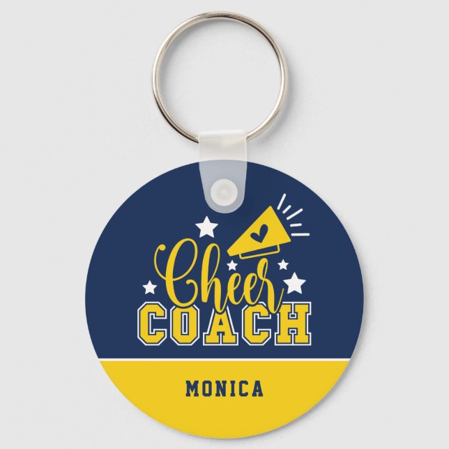 Cute Cheer Coach Personalized Royal Blue & Yellow Keychain (Front)