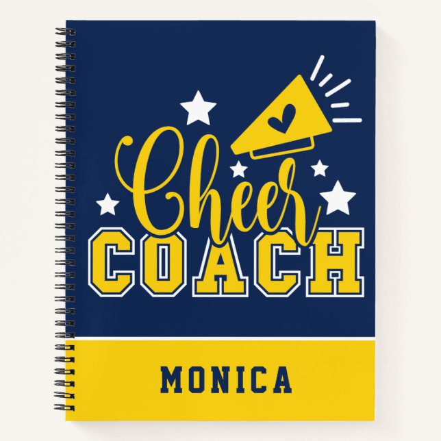 Cute Cheer Coach Personalized Royal Blue & Yellow Notebook (Front)