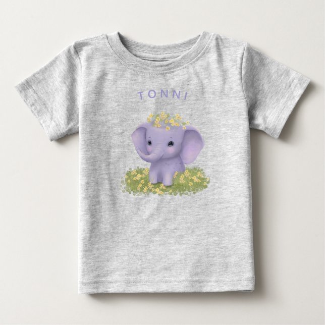 cute, cheerful elephant with wildflowers baby T-Shirt (Front)