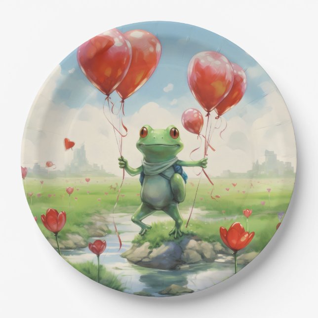 Cute Cheerful frog red balloons Paper Plates (Front)