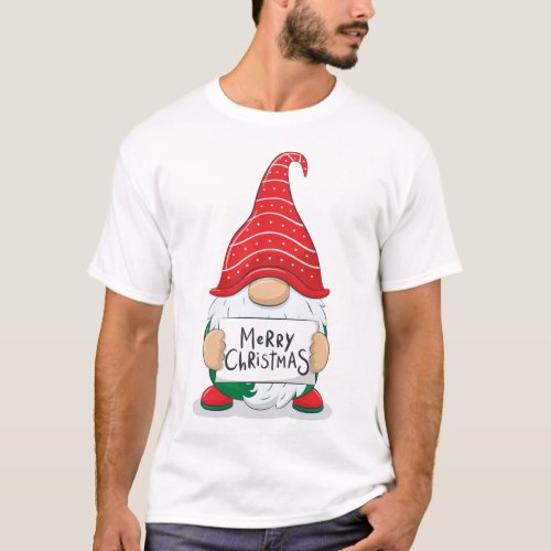 Cute Cheerful Gnome with Phrase Merry Christmas T_Shirt