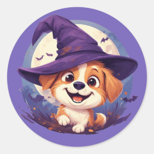 Cute Cheerful Puppy Witch Hat Halloween Dog Decor Classic Round Sticker
