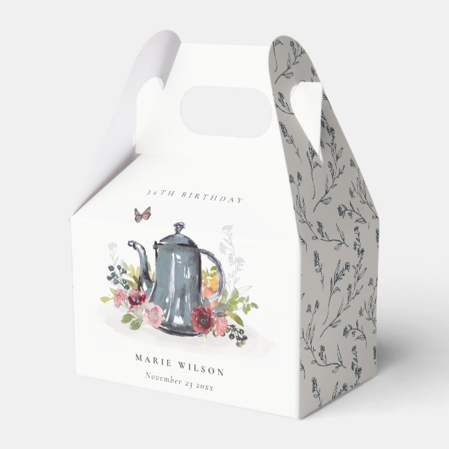 Cute Cheerful Roses Floral Teapot Any Age Birthday Favor Boxes (Front Side)