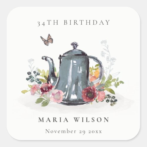 Cute Cheerful Roses Floral Teapot Any Age Birthday Square Sticker