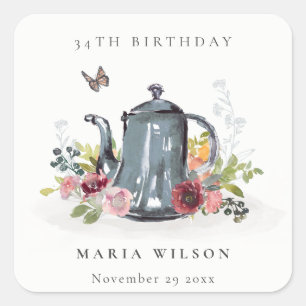 Cute Cheerful Roses Floral Teapot Any Age Birthday Square Sticker