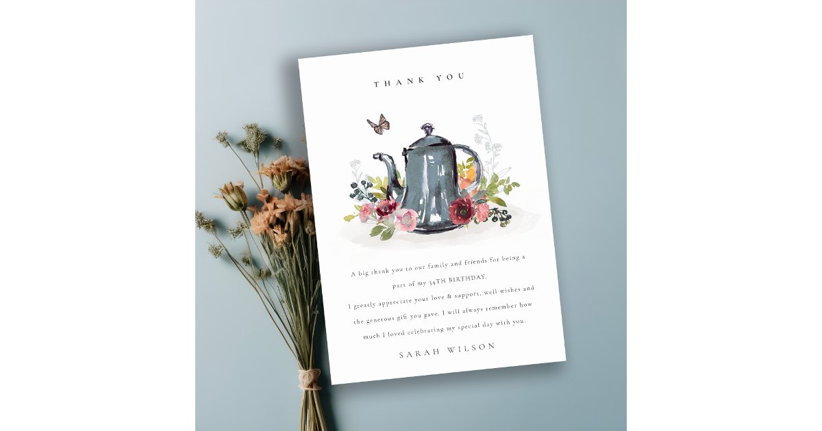 Cute Cheerful Roses Floral Teapot Any Age Birthday Thank You Card | Zazzle