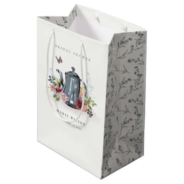 Cute Cheerful Roses Floral Teapot Bridal Shower Medium Gift Bag (Back Angled)