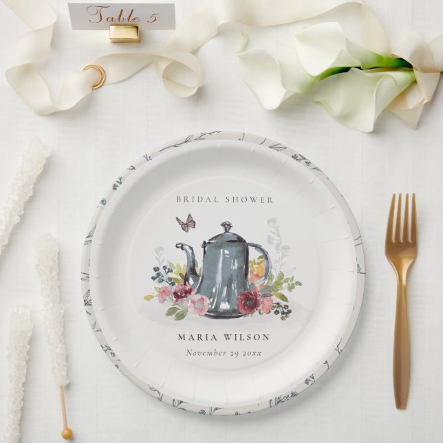 Cute Cheerful Roses Floral Teapot Bridal Shower Paper Plates (Wedding)