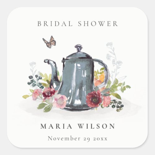 Cute Cheerful Roses Floral Teapot Bridal Shower Square Sticker