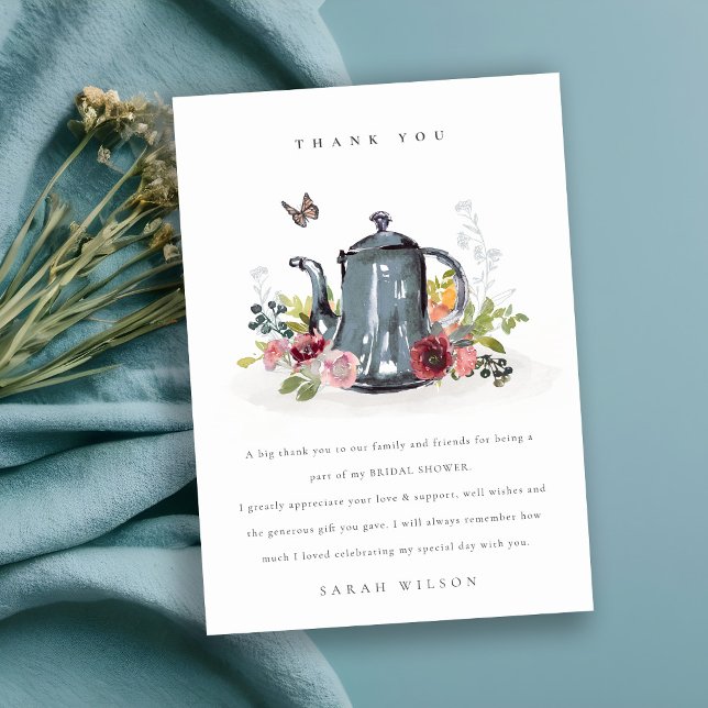 Cute Cheerful Roses Floral Teapot Bridal Shower Thank You Card (Creator Uploaded)