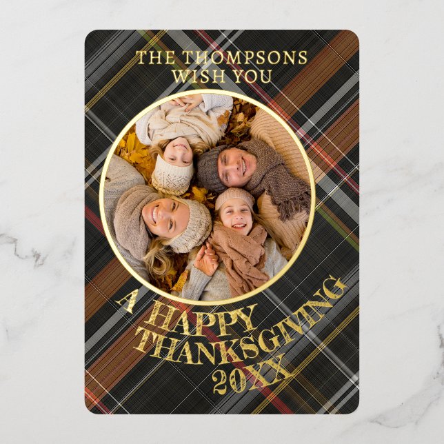 Cute Cheerful Thanksgiving Plaid Pattern Gold Foil Holiday Card (Front)
