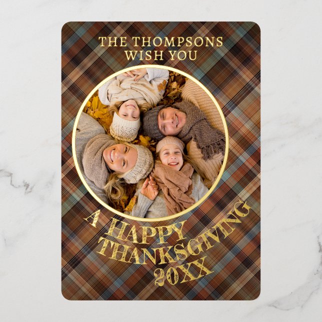 Cute Cheerful Thanksgiving Plaid Pattern Gold Foil Holiday Card (Front)