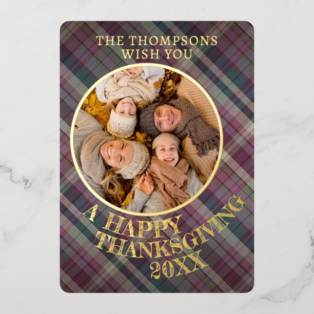 Cute Cheerful Thanksgiving Plaid Pattern Gold Foil Holiday Card (Front)