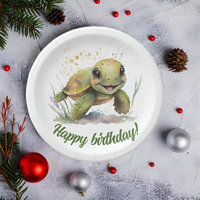 Cute Cheerful Tortoise Editable Text Paper Plates (Make your birthday slow and steady with our adorable tortoise paper plates! 🎉🐢 #BirthdayFun)
