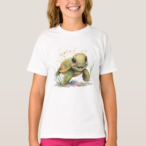 Cute Cheerful Tortoise Girls Basic T_shirt
