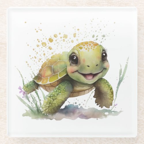 Cute Cheerful Tortoise Glass Coaster