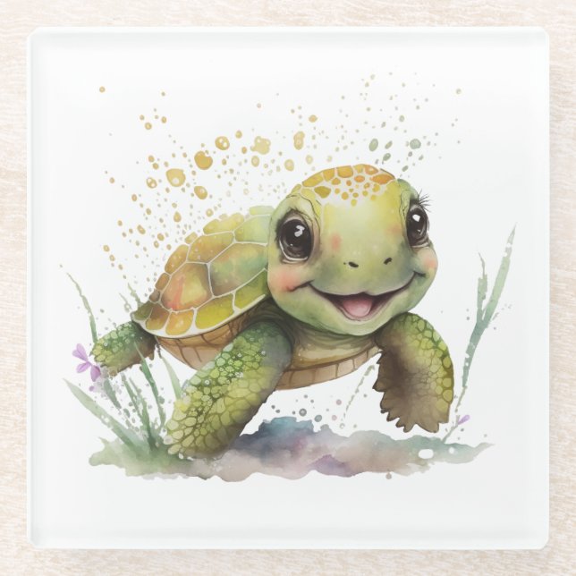 Cute Cheerful Tortoise Glass Coaster (Front)