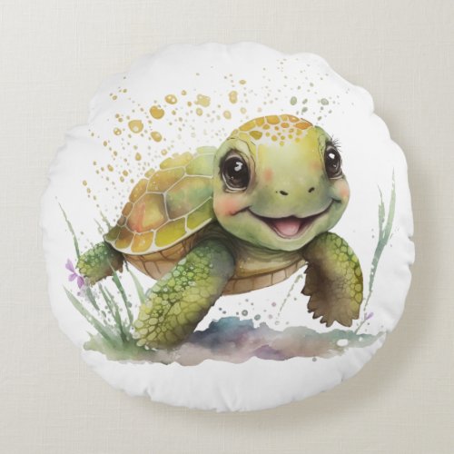 Cute Cheerful Tortoise Round Pillow