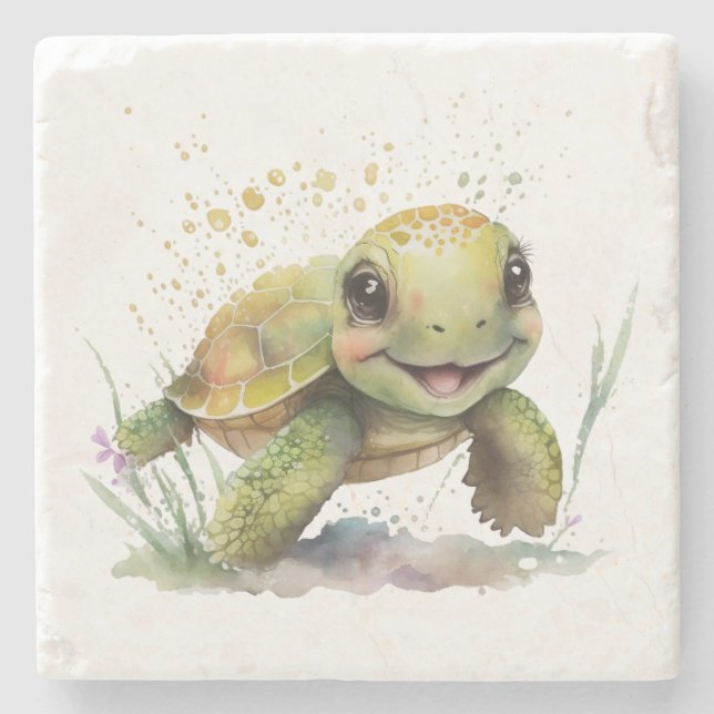 Cute Cheerful Tortoise Stone Coaster (Front)