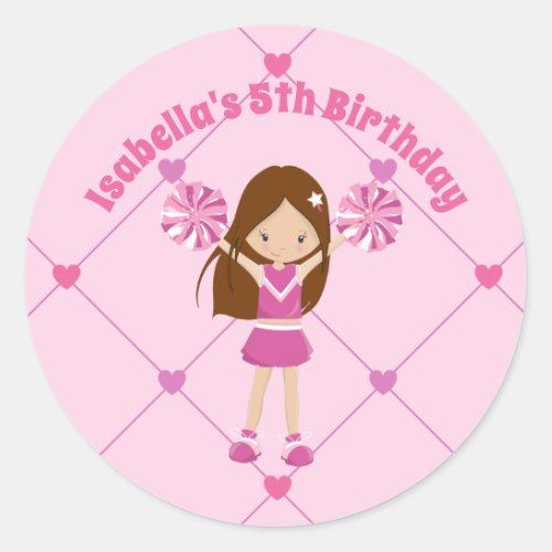 Cute Cheerleader Girl Custom Pink Birthday Party Classic Round Sticker