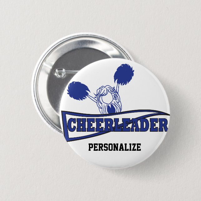 Cute Cheerleader Girl | DIY Name | Dark Blue Pinback Button (Front & Back)