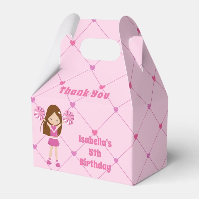 Cute Cheerleader Girl Pink Custom Birthday Party Favor Boxes (Front Side)