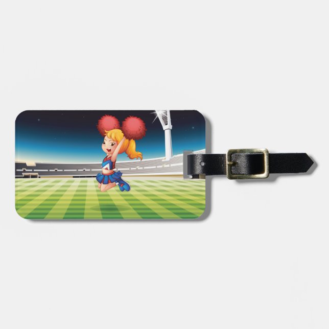 Cute Cheerleader on Sports Field Luggage Tag (Front Horizontal)