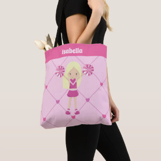 Cute Cheerleader Pink Hearts Custom Blonde Girl Tote Bag