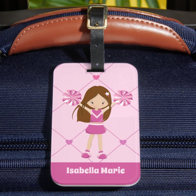 Cute Cheerleader Pink Hearts Personalized Cheer Luggage Tag (Front Insitu 2)