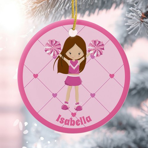 Cute Cheerleader Pink Personalized Christmas Ceramic Ornament