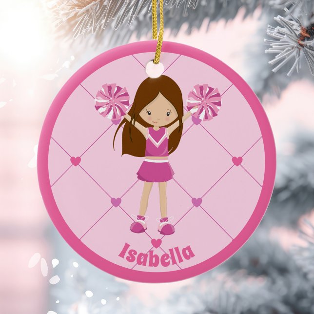 Cute Cheerleader Pink Personalized Christmas Ceramic Ornament (Creator Uploaded)