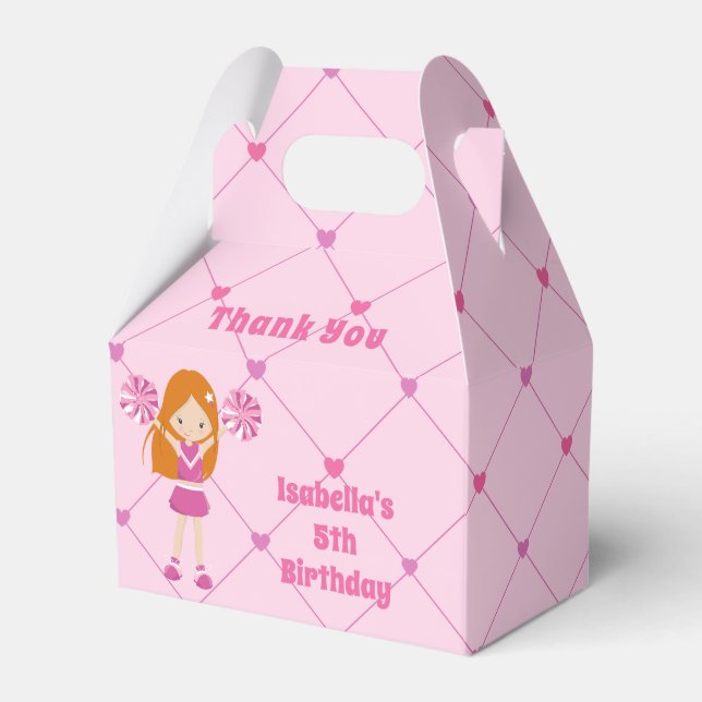 Cute Cheerleader Redhead Girl Pink Birthday Party Favor Boxes (Front Side)