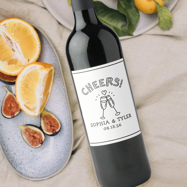 Cute Cheers Minimalist Chic Personalized Wedding Wine Label (Cheers to memorable moments! Personalize this wine label for your wedding or rehearsal dinner.)