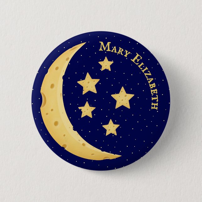 Cute Cheese Moon & Stars Celestial Name Badge Button (Front)