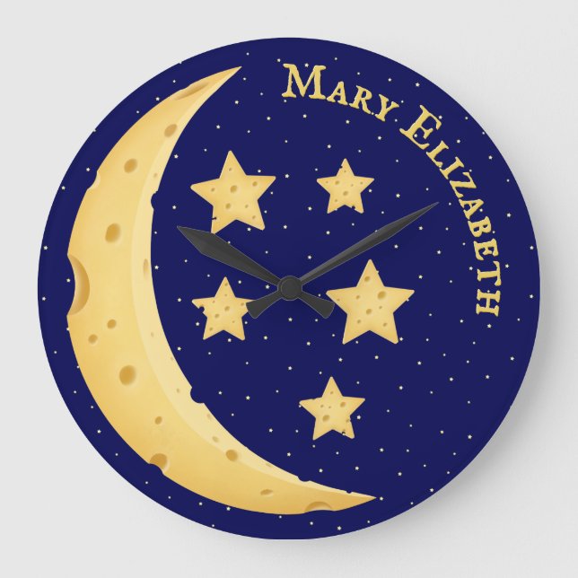 Cute Cheese Moon & Stars Personalized Celestial Large Clock (Front)