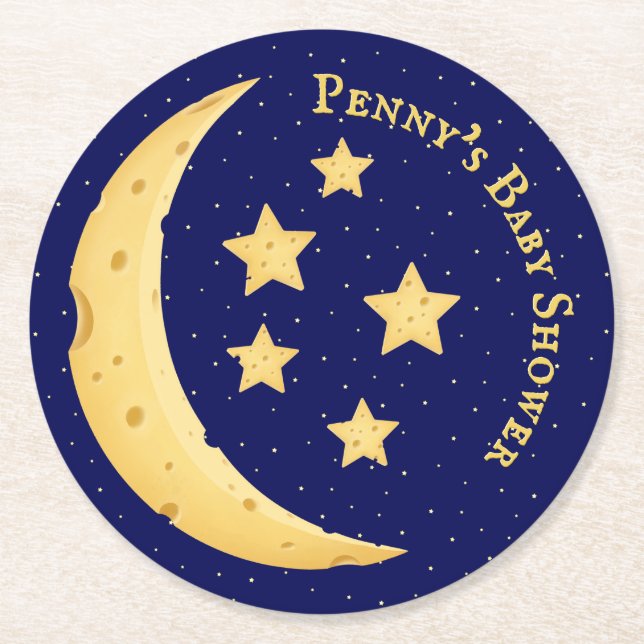 Cute Cheese Moon & Stars Personalized Celestial Round Paper Coaster (Front)