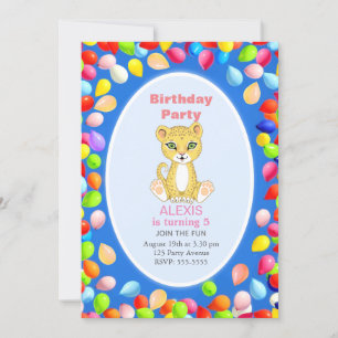 Cute Cheetah & Balloons 5th Birthday Party Invitation