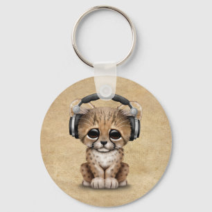 Cute Cheetah Cub Dj Wearing Headphones Keychain