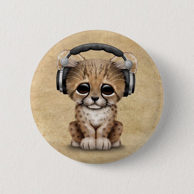 Cute Cheetah Cub Dj Wearing Headphones Pinback Button (Front)