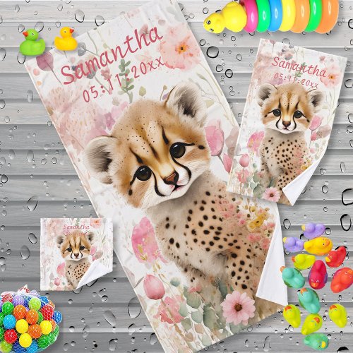 Cute Cheetah Cub Pastel Watercolor Flowers Kids Bath Towel Set