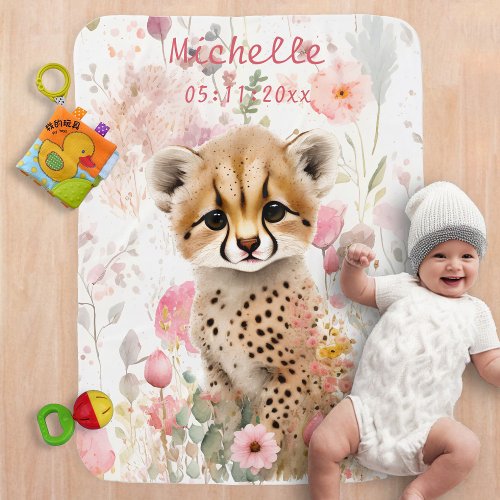 Cute Cheetah Cub Pastel Watercolor Spring Flowers Baby Blanket