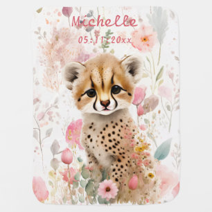 Cute Cheetah Cub Pastel Watercolor Spring Flowers Baby Blanket